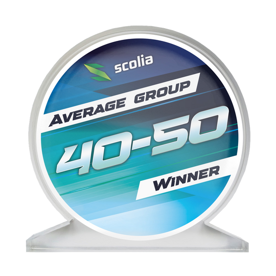 Scolia Acrylic Glass Trophy - Winner Acrylglaspokal mit der Aufschrift 'Average 40-50' ist abgebildet. Der Pokal hat eine klare, rechteckige Form.