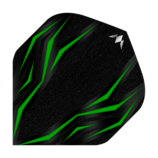 Mission Lava Green No2 Standard Flights Das Bild zeigt einen schwarzen Dartflight mit grünen, diagonalen Linien. In der oberen rechten Ecke befindet sich ein kleines, silbernes Logo.