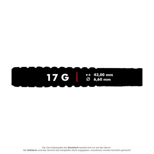 McDart 85 Tungsten V20 Soft Darts - 17g Das Bild zeigt die Produktangaben für die McDart 85er Tungsten V20 Softdarts mit einem Gewicht von 17 Gramm. Die Darts sind 43,00 mm lang und haben einen Durchmesser von 6,60 mm.