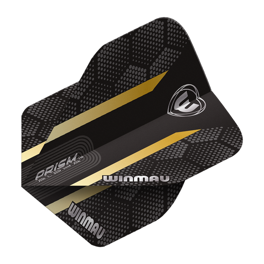 6915-185_Winmau_Prism_Alpha_Gold_Standard_Flights_2 Das Bild zeigt das Produkt "Winmau Prism Alpha Gold Standard Flights". Die Flights sind schwarz mit goldenen Streifen und haben ein modernes, punktiertes Muster.
