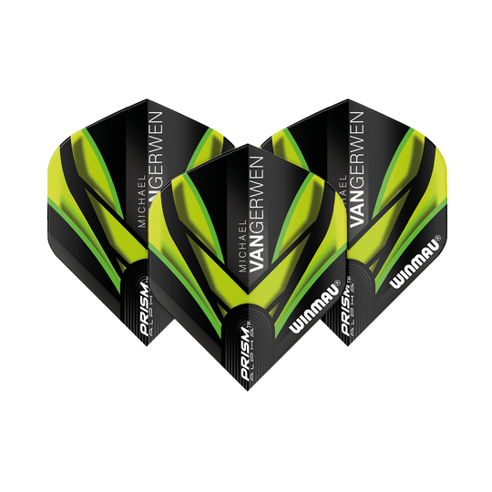 Das Bild zeigt drei Dartflights des Modells "Winmau Prism Alpha MvG Black Green V2 Standard". Die Flights sind überwiegend schwarz mit grünen und gelben Akzenten sowie der Aufschrift "Michael van Gerwen" und "Winmau".
