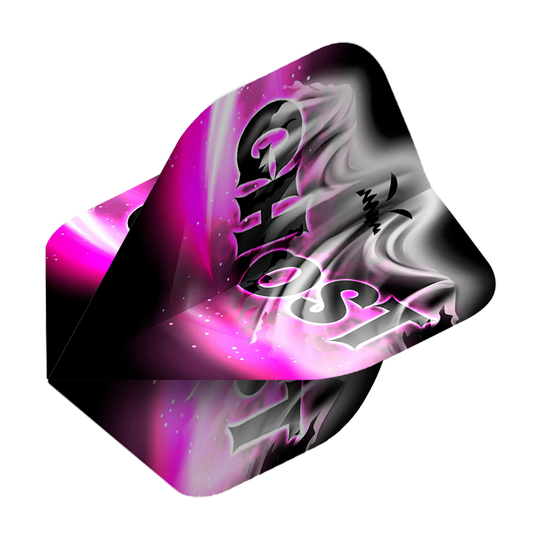 Das Bild zeigt ein Dartflight mit dem Aufdruck "GHOST" in großen Buchstaben. Die Farben sind hauptsächlich Schwarz, Weiß und Pink mit einem nebligen, geisterhaften Muster.