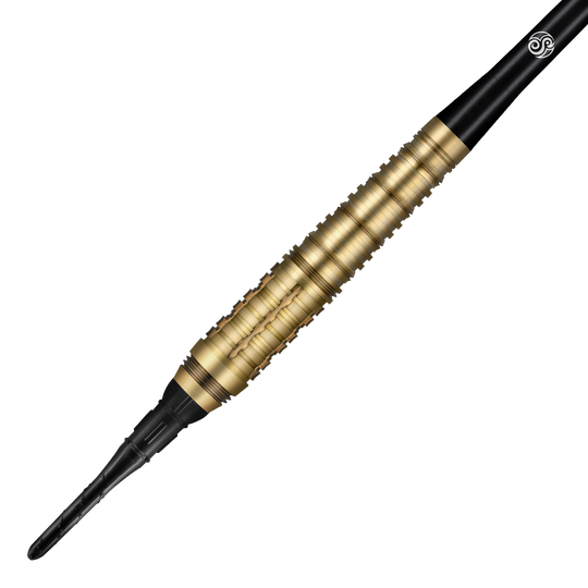 Shot Redline Mach 1 soft darts - 20g Auf dem Bild ist ein Shot Redline Mach 1 Softdart mit einem Gewicht von 20g zu sehen. Der Dartpfeil hat einen goldfarbenen, geriffelten Griff und eine schwarze Spitze.