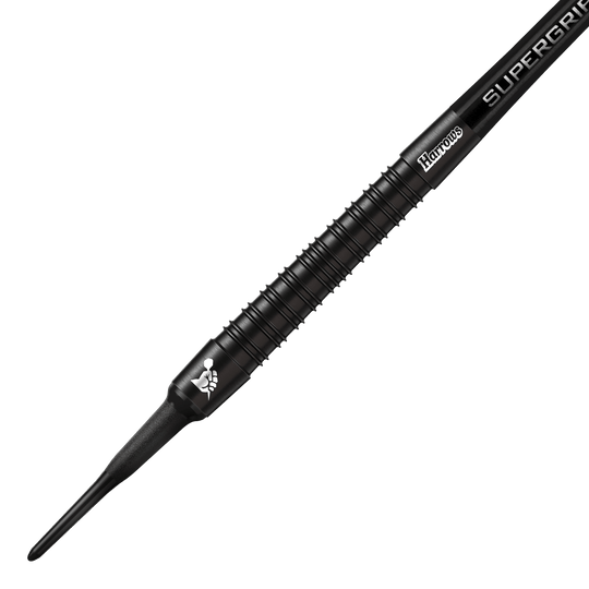 Harrows Supergrip Black Edition soft darts Das Bild zeigt einen Harrows Supergrip Black-Edition Softdart. Der Dart ist komplett schwarz und hat eine strukturierte Griffoberfläche.
