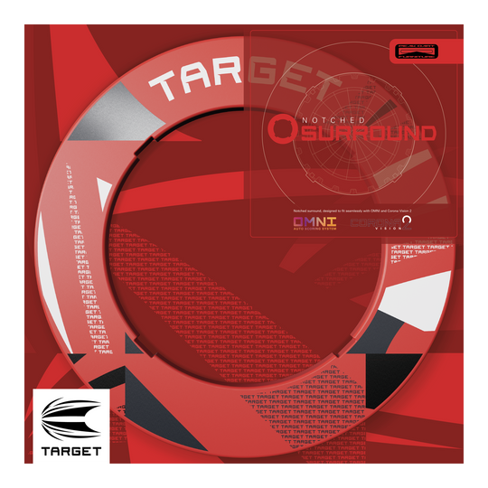 Target Notched Patterned Dartboard Surround Sechs rote Dartboard-Umrandungen mit Muster sind abgebildet. Die Ansicht ist leicht schräg.