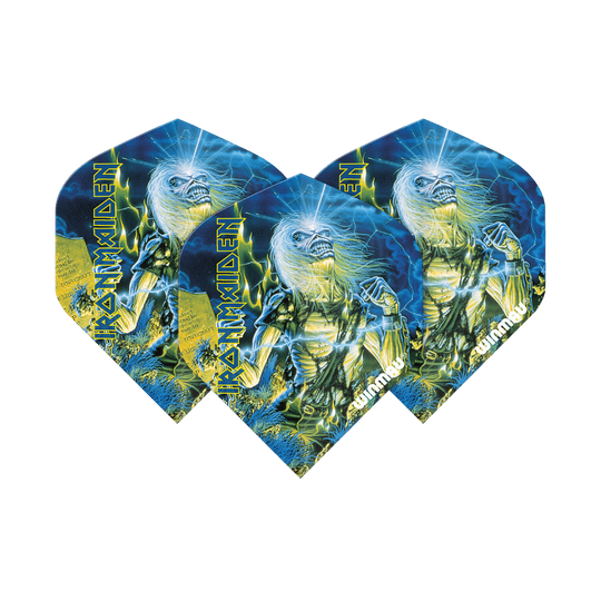 6905-240_Winmau_Iron_Maiden_Life_After_Death_Standard_Flights_1dUEUUygznhExi Das Bild zeigt drei Dart-Flights mit dem Motiv "Iron Maiden Life After Death" von Winmau. Auf den Flights ist das bekannte Albumcover in leuchtenden Blau- und Gelbtönen abgebildet.