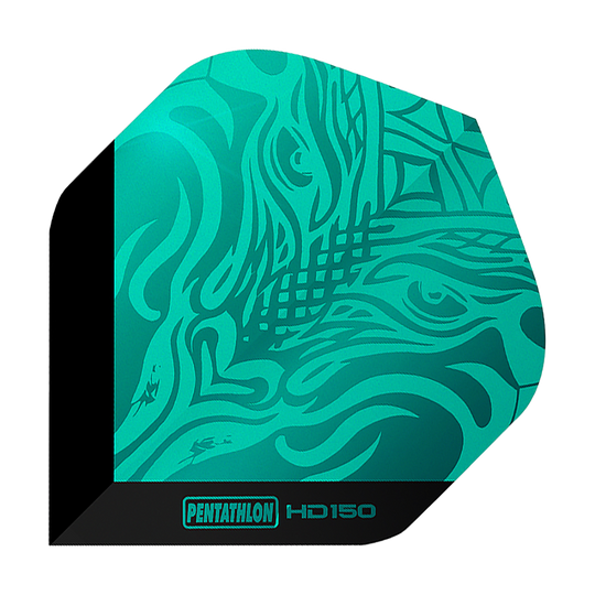 Dies ist ein Pentathlon HD150 Metallic Aqua Standard Flight. Das Flight hat ein auffälliges, türkisfarbenes Muster mit schwarzem Rand und Schriftzug.