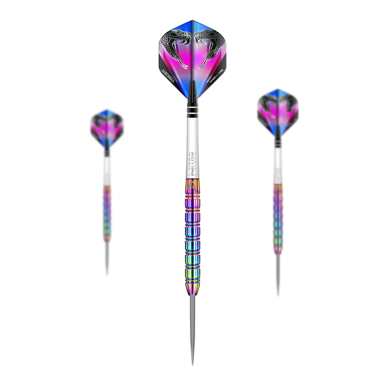 Das Bild zeigt drei Steeldarts des Produkts "Red Dragon Peter Wright Snakebite 1 Rainbow". Die Darts haben einen bunten, regenbogenfarbenen Schaft und Flights mit Schlangenkopf-Design.