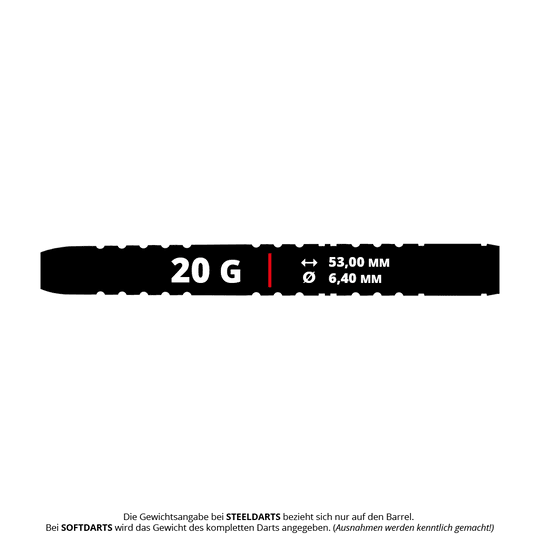 Winmau Michael Van Gerwen Evo-X soft darts - 20g Das Bild zeigt die Maße und das Gewicht des Winmau Michael Van Gerwen Evo-X Softdarts mit 20 Gramm. Der Dart ist 53,00 mm lang und hat einen Durchmesser von 6,40 mm.