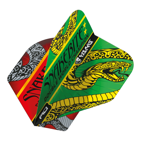Red Dragon Peter Wright Snakebite Red Green Yin Yang Standard Flights Das Bild zeigt die Dart-Flights "Red Dragon Peter Wright Snakebite Red Green Yin Yang Standard Flights." Die Flights sind farbenfroh gestaltet und zeigen einen auffälligen Schlangen-Grafik sowie den Schriftzug "Snakebite."