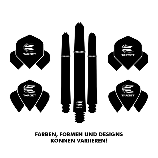 9999_Target_Surprise_Pack_1 Das Bild zeigt das Produkt "Target Surprise Pack" mit Dartflights und Dartschäften. Unten steht, dass Farben, Formen und Designs variieren können.