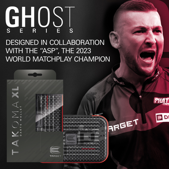 Takoma XL Ghost Series Nathan Aspinall dart case Takoma XL Ghost Series Nathan Aspinall Dartcase, fotografiert auf weißem Hintergrund. Das Produkt ist Teil der Ghost Series und richtet sich an Dartspieler.