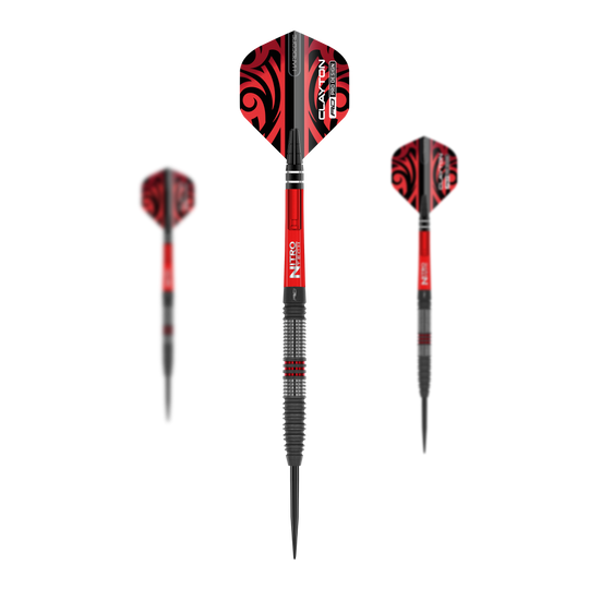 Dieses Bild zeigt die Red Dragon Jonny Clayton Hiraeth Steeldarts. Die Darts haben ein auffälliges rotes und schwarzes Design mit strukturiertem Griff.