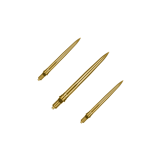 Caliburn EZ-EVO dart tips - Smooth - Gold Dieses Bild zeigt ein Set goldener Dartspitzen mit glatter Oberfläche, vermutlich 28mm lang. Die Spitzen sind von der Marke Caliburn EZ-EVO.