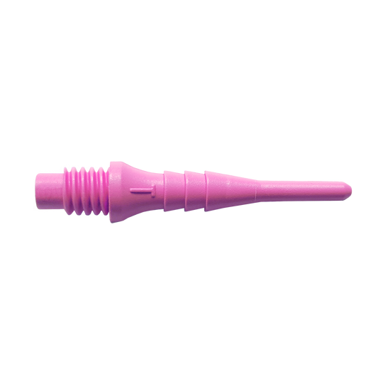 Das Bild zeigt eine einzelne pinke Kunststoff-Dartspitze aus dem Set "Bulls Tefo-X Shark Points (100er Pack)". Die Spitze hat ein Schraubgewinde auf der einen Seite und läuft spitz zu.