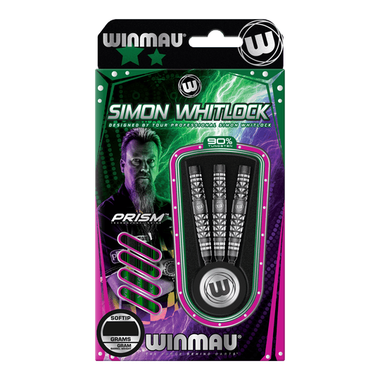 Winmau Simon Whitlock Atomized Grip Soft Darts Das Bild zeigt eine Verpackung der "Winmau Simon Whitlock Atomised Grip Softdarts". Drei Darts mit speziellem Griffdesign sind in einer auffälligen, bunten Box zu sehen.