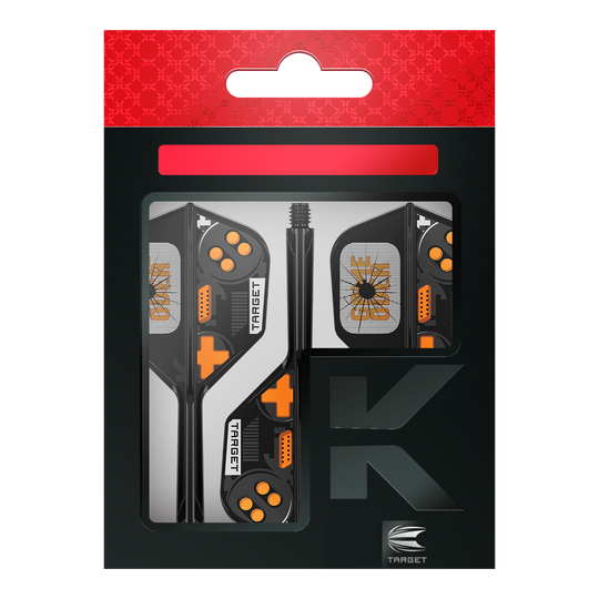 Target K-Flex Game Over No6 Flights Hier sieht man die Target K-Flex Game Over No6 Flights. Es handelt sich um Dart-Flights mit auffälligem Muster.