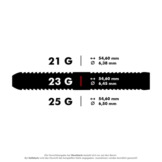 Das Bild zeigt die Maße und Gewichte von Steeldarts in 21 g, 23 g und 25 g Ausführungen. Es werden jeweils die Länge von 54,60 mm und unterschiedliche Durchmesser für jedes Gewicht angegeben.
