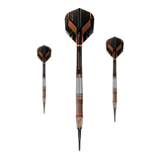 Harrows Toro Softdarts Das Bild zeigt drei Harrows Toro Softdarts mit schwarzen und kupferfarbenen Akzenten. Die Darts haben strukturierte Griffe und schwarze Spitzen.