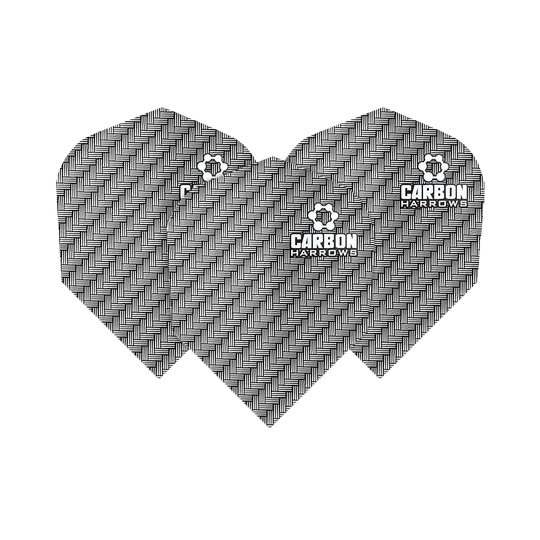 HR53_Harows_Carbon_No6_Flights_Weiss_1Av4KhCswcCxG3 Das Bild zeigt drei Harrows Carbon Flights HR53 für Darts. Sie haben ein schwarzes Muster mit weißem Logo und Schriftzug.