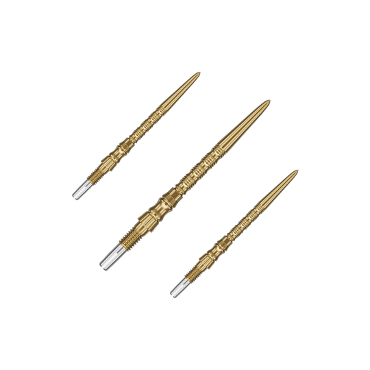 Target Signature Swiss Point TRB steel dart tips - gold Ein Set von Target SwissPoint Signature TRB Dartspitzen in Gold mit 30mm Länge ist zu sehen. Die Dartspitzen sind ordentlich angeordnet.