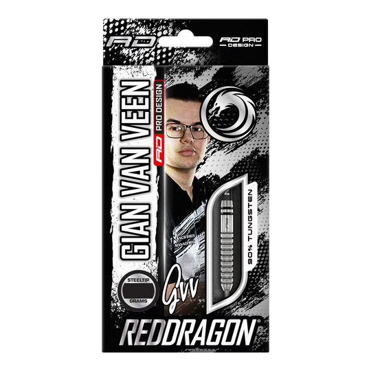 Red Dragon Gian Van Veen Tour Edition Steeldarts - 22g Die Verpackung zeigt die Red Dragon Gian Van Veen Tour Edition Steeldarts mit 22 Gramm. Auf der Vorderseite sind ein Bild von Gian Van Veen und ein Blick auf einen der Darts zu sehen.