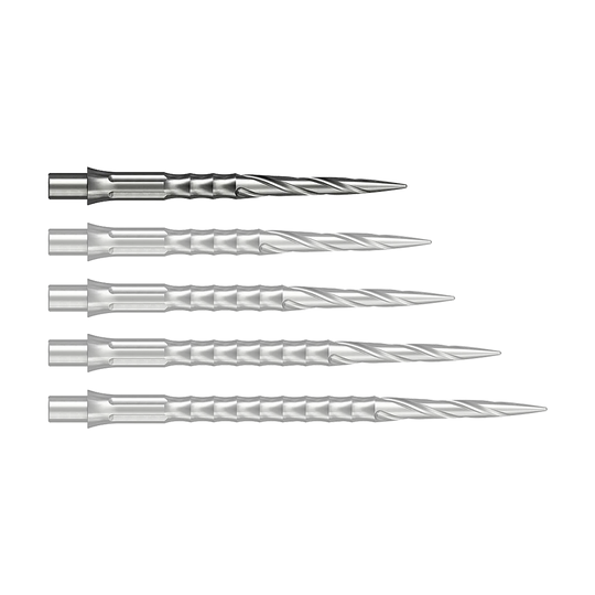 Caliburn System steel dart tips - Spiro - NoLip - silver Das Bild zeigt wahrscheinlich eine 28 mm lange Steeldartspitze aus Silber. Die Spitze ist Teil des Caliburn Evo Systems und trägt die Bezeichnung Spiro NoLip.