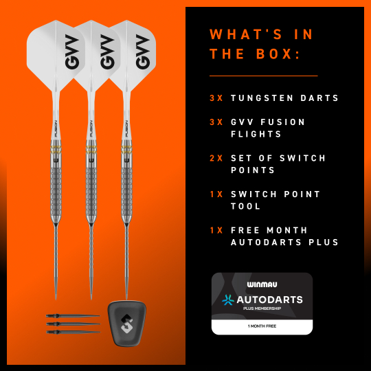Winmau Gian Van Veen W-MAX Switch Point steel darts Die Winmau Gian Van Veen W-MAX Switch Point Steeldarts sind hier von der Seite zu sehen. Die Darts liegen auf einer hellen Oberfläche.