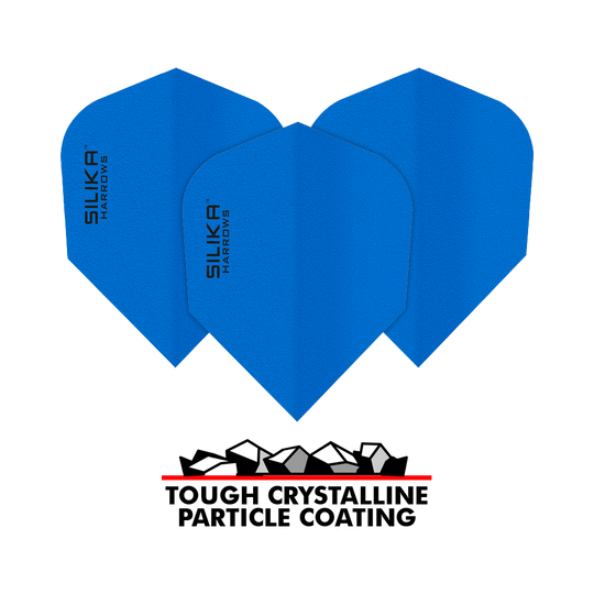 Das Bild zeigt blaue Dart-Flights der Marke Harrows Silika mit einer soliden, kristallinen Beschichtung. Unten im Bild steht "Tough Crystalline Particle Coating" mit einer grafischen Darstellung von Kristallen.