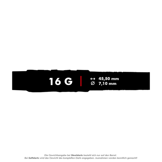 Das Bild zeigt die Produktinformationen der McDart 85er Tungsten V4 Softdarts mit einem Gewicht von 16 Gramm. Die Darts sind 45,50 mm lang und haben einen Durchmesser von 7,10 mm.