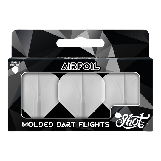 Shot Airfoil Molded No2 Standard Flights Auf dem Bild ist eine Packung mit geformten Dart-Flights der Marke Shot zu sehen. Die Flights sind durchsichtig und in einer schwarzen Verpackung mit der Aufschrift "Airfoil" präsentiert.