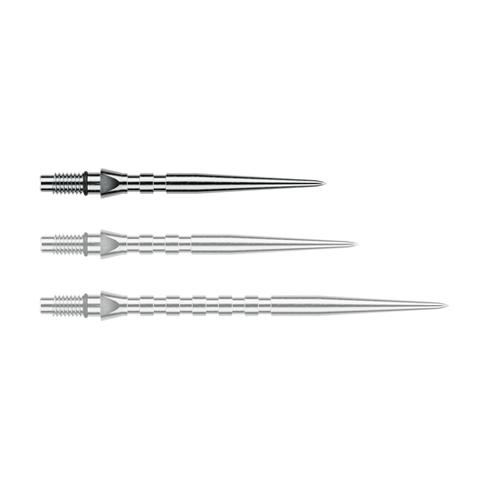 Winmau Switch Point Groove steel dart tips - Silver Effect Abgebildet ist eine einzelne silberne Steeldartspitze mit Rillen, vermutlich vom Typ 'Switch Point Groove Silver Effect' und 26mm. Diese Spitze eignet sich für Steeldarts.
