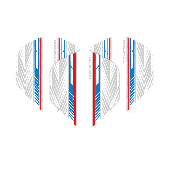 Pentathlon Flights white/blue/red Das Bild zeigt die Pentathlon White Blue Red No2 Standard Flights. Sie haben ein weißes Design mit blauen und roten Streifen sowie grauen Mustern.