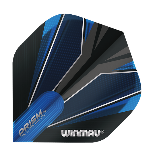 6915-153_Winmau_Prism_Alpha_Blue_Standard_Flights_13Rwc4pjLVzAV0 Das Bild zeigt das Produkt "Winmau Prism Alpha Blue Standard 2 Flights". Die Flights sind in einem modernen blauen und schwarzen Design gehalten, mit dem Winmau-Logo darauf.