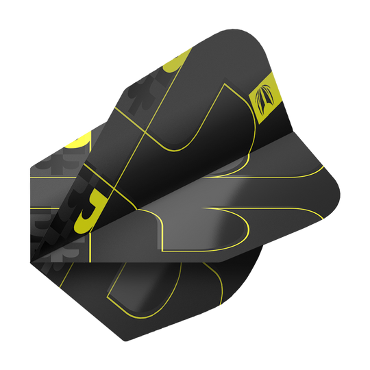 Das Bild zeigt die Target ProUltra Bolide Void No6 Flights in einem modernen Design. Die Flights sind schwarz mit gelben Linien und grafischen Elementen gestaltet.