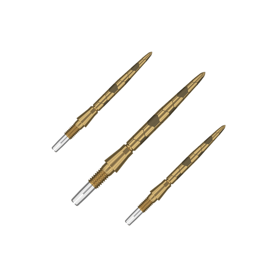 Target Swiss Storm Onyx Point Dart Tips - Gold Auf dem Bild sind drei goldfarbene Dartspitzen mit einem strukturierten Muster zu sehen. Sie haben ein silbernes Schraubgewinde am Ende zum Befestigen an Dartpfeilen.