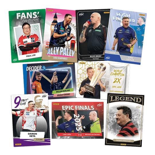 Panini PDC World Championship 2026 Trading Cards - Collectors Box Das Bild zeigt die Panini PDC World Championship 2026 Trading Cards - Collectors Box. Es handelt sich um Sammelkarten zur Dart-Weltmeisterschaft.