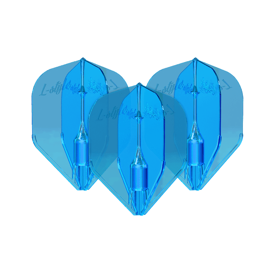 L-Style Fantom L3EZ Flights Blue Das Bild zeigt drei blaue L-Style Fantom L3EZ Flights für Dartpfeile. Sie sind nebeneinander angeordnet und haben eine glänzende Oberfläche.