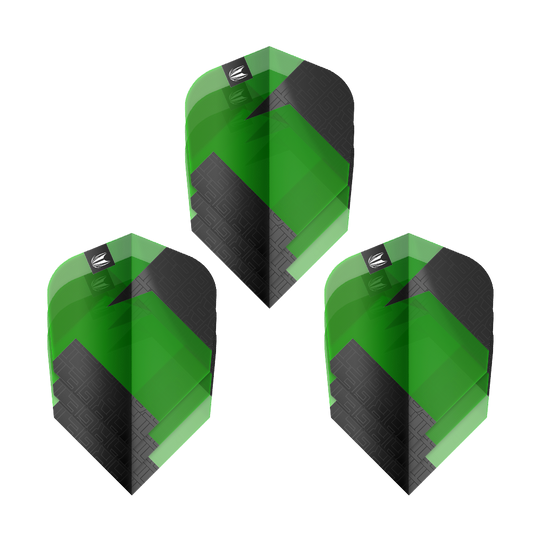 Target Pro Ultra TAG Green Ten-X Standard Flights - 3 Sets Das Bild zeigt drei grüne und schwarze Dart-Flights des Produkts "Target Pro Ultra TAG Grün Ten-X Standard". Die Flights haben ein auffälliges geometrisches Muster und das Target-Logo oben.