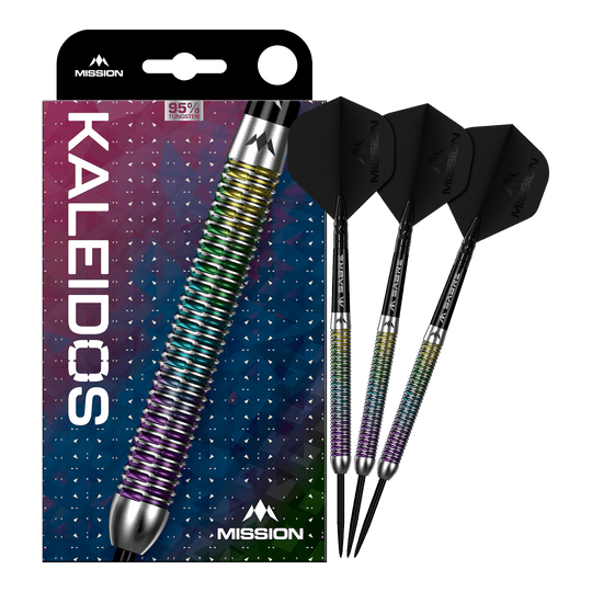 Mission Kaleidos Steeldarts Das Produkt Mission Kaleidos Steeldarts ist vollständig dargestellt. Die Abbildung ermöglicht einen Überblick über das komplette Dart-Set.