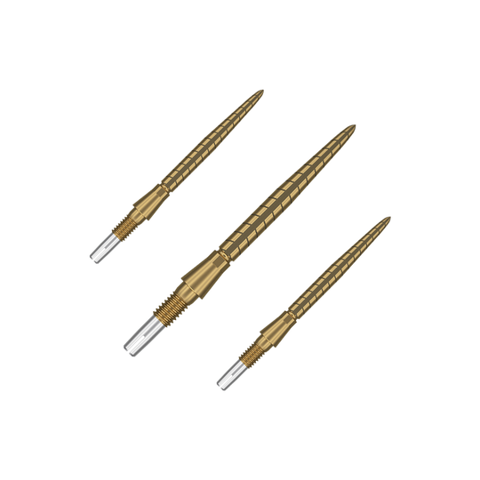 Target Swiss Storm Quartz Dart Tips - Gold Auf dem Bild sind drei goldfarbene Dartspitzen zu sehen. Sie sind schlank, haben ein geriffeltes Design und haben vorne eine silberne Spitze.