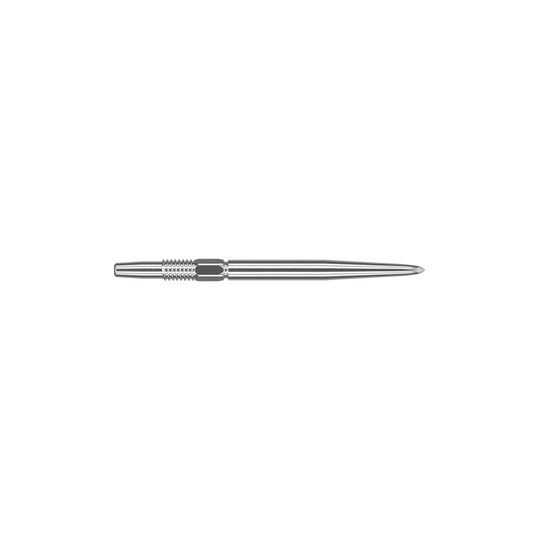 Auf dem Bild ist eine silberne Dartspitze zu sehen. Sie ist schmal, metallisch und hat eine Länge von 26 mm.