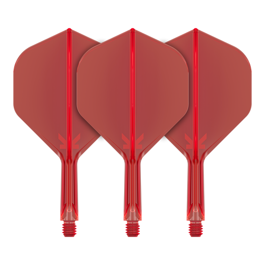 Target K-Flex No2 Standard Flight System - Red Auf dem Bild sind drei rote Dartflights mit befestigtem Schaft zu sehen. Sie stehen nebeneinander und haben eine standardmäßige Pfeilform.
