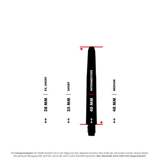 565_Nylon_Shafts_5_40mmlDvdXra0FsqIE Das Bild zeigt verschiedene Längenoptionen der Nylon Shafts "Schneeweiß", von Ex. Short (28 mm) bis Medium (48 mm). Die Längenangabe bezieht sich auf den Abstand zwischen dem Ende des Gewindes und der oberen Kante und schließt das Gewinde nicht ein.