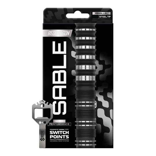 Abgebildet ist ein Satz Red Dragon Sable Parallel Switch Point Steeldarts. Die Darts sind präzise ausbalanciert und ideal für Dartspieler geeignet.