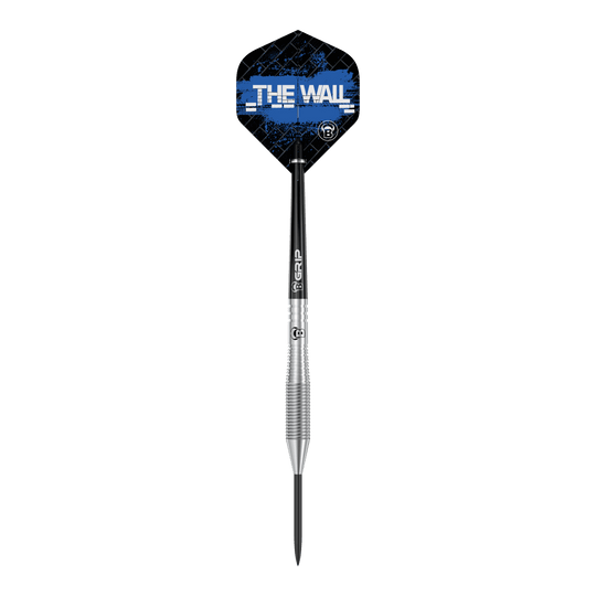 Bulls Martin Schindler TW80 steel darts Das Bild zeigt einen Bull's Martin Schindler TW80 Steeldartpfeil. Auf dem Flight steht in weißer Schrift "THE WALL" vor einem blauen Hintergrund.
