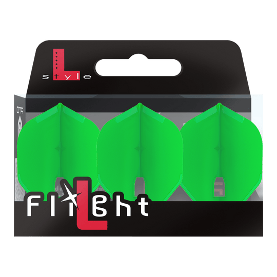 L-Style Champagne L1PRO Flights Die Abbildung zeigt eine Verpackung mit drei grünen Dartflights. Auf der Verpackung steht "L-Style Flight" in weißer und roter Schrift.