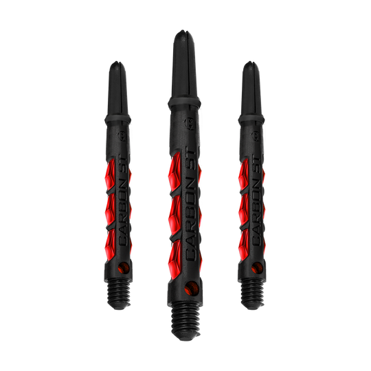 HR433_Harrows_Carbon_ST_Shafts_Rot_47mm_1 Das Bild zeigt drei Harrows Carbon ST Shafts in der Farbe Rot. Die Dartschäfte sind schwarz mit auffälligen roten Akzenten und dem Schriftzug "Carbon ST".