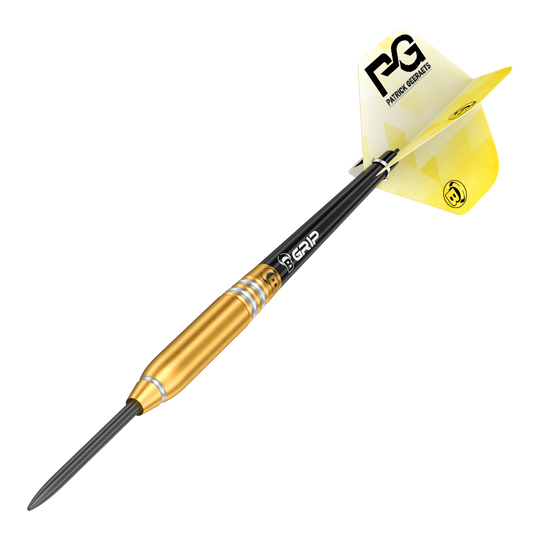 Bulls Patrick Geeraets Steeldarts - 23g Das Bild zeigt einen Bulls Patrick Geeraets Steeldart mit einem Gewicht von 23 Gramm. Der Dartpfeil hat einen goldfarbenen Barrel und gelbe Flights.