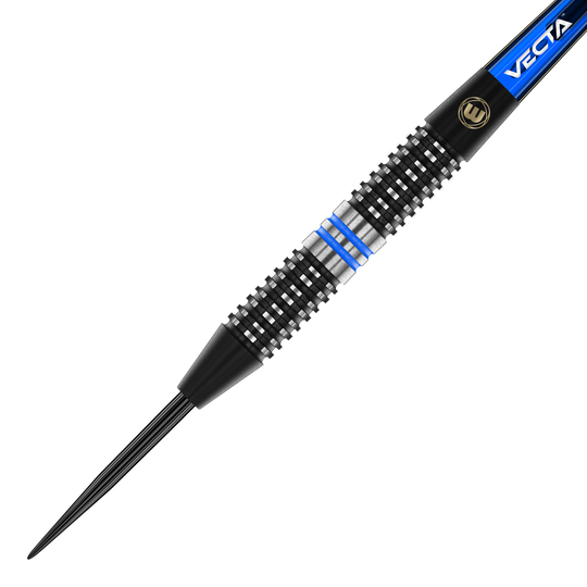 Winmau Galactics Steeldarts Das Bild zeigt einen Winmau Galactics Steeldart. Der Dart hat ein schwarzes und silbernes Griffstück mit blauen Ringen.